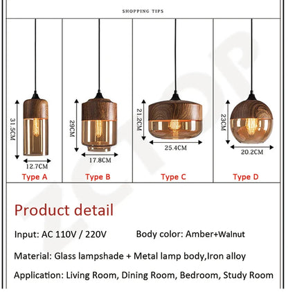 Amber and walnut-finished led pendant light with iron alloy metal body for dining room and indoor light source