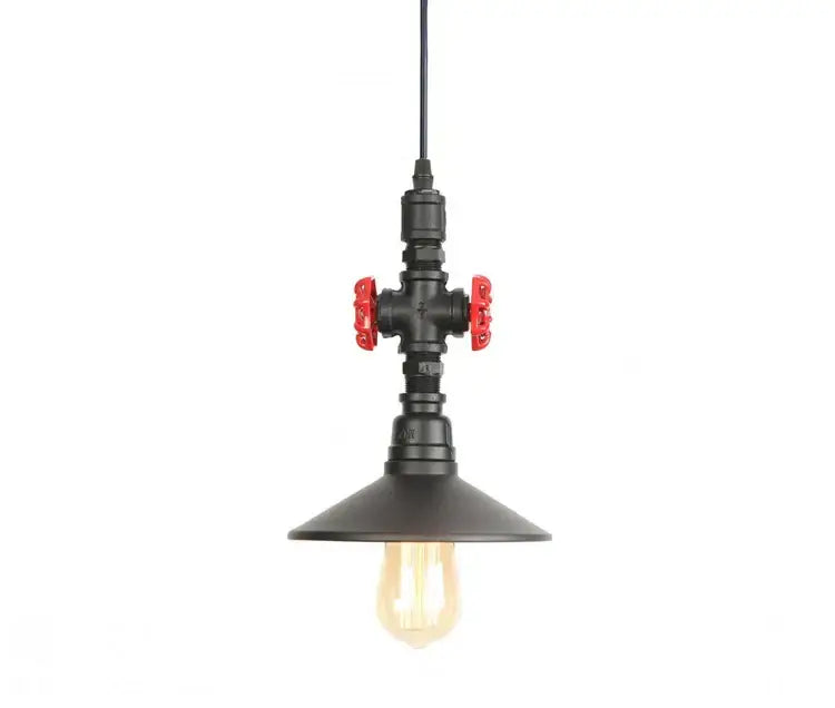 Industrial retro loft pendant lamp featuring black iron pipes with red valve handles and visible filament bulb for dining room