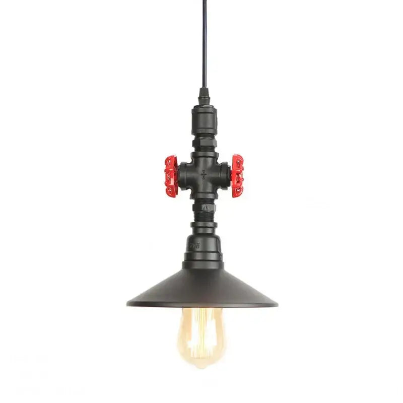 Industrial retro loft iron pipe pendant light with black pipes red valve handles and warm-toned bulb for dining room