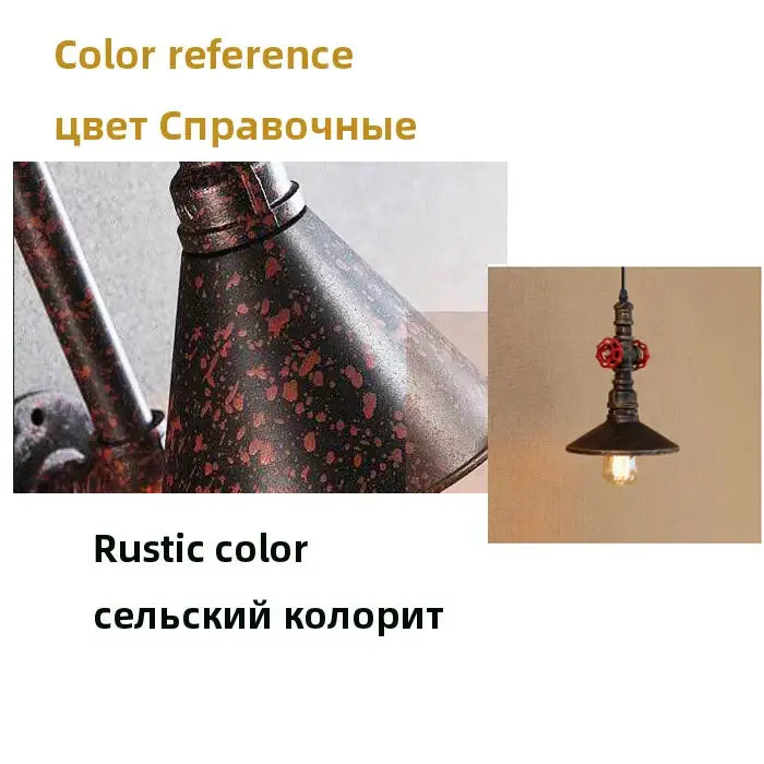 Industrial retro loft iron pipe pendant lamp with dark speckled rustic finish and red valve accents for dining room use