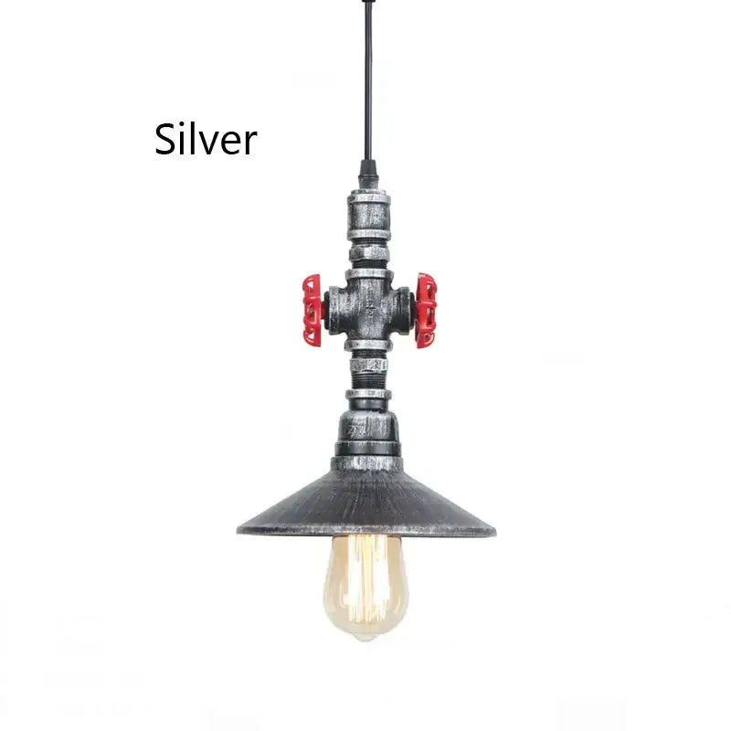 Industrial retro loft iron pipe pendant lamp with silver finish, red valve handles, and vintage bulb for dining room