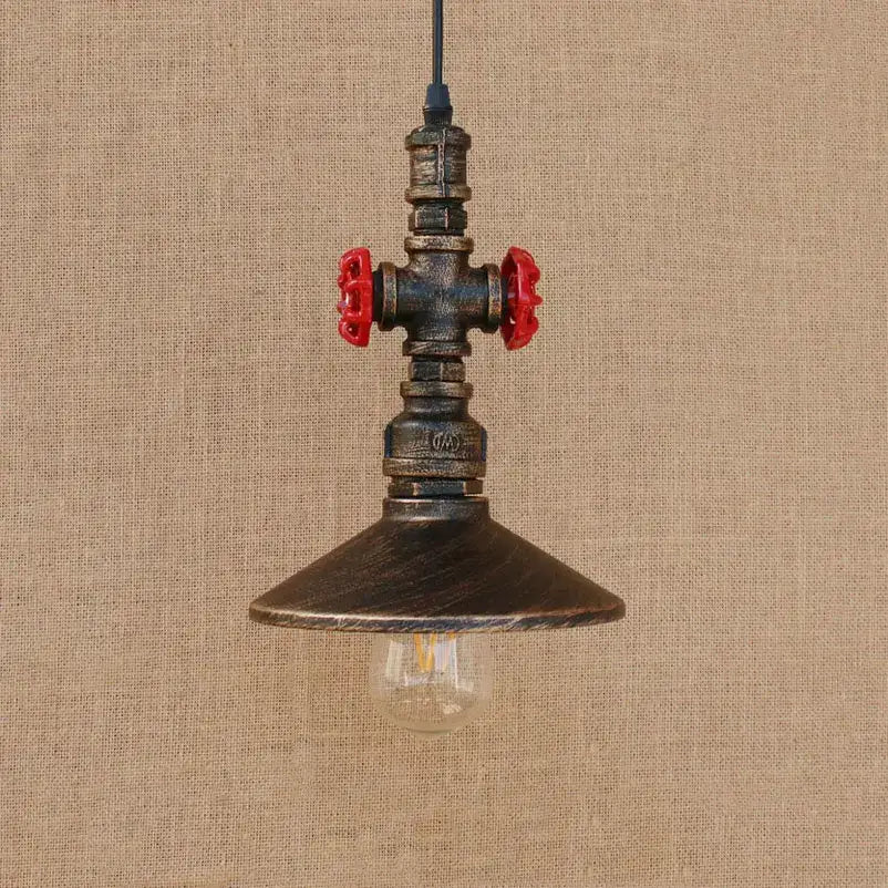 Industrial retro loft pendant light with dark weathered metal body and bright red valve handles for dining room
