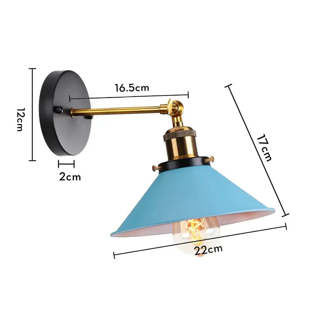Vintage-style wall sconce with matte black base, brass arm, and light blue shade for decorbites industrial retro loft lighting