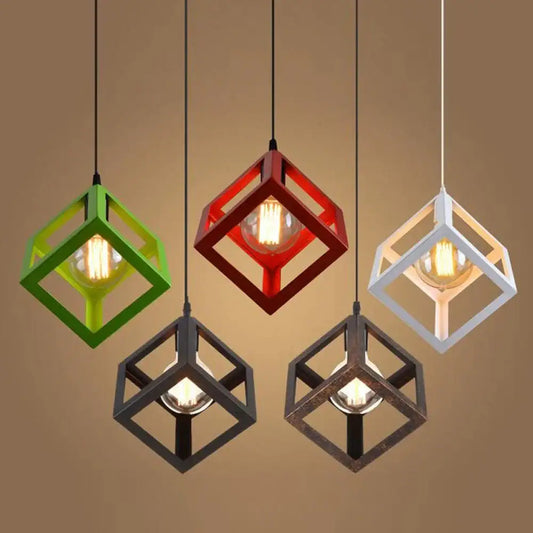 Five geometric cube-shaped decorbites iron pendant lights in green red white and black for kitchen dining room decor