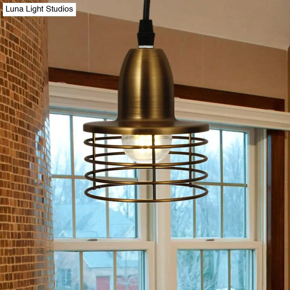 Industrial Retro Pendant Lighting: 1-Light Drum Pendant with Wire Cage Shade for Kitchen Ceiling, Black/Bronze Metal