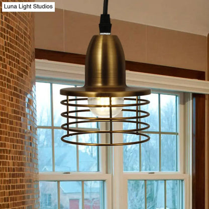 Industrial Retro Pendant Lighting: 1-Light Drum Pendant with Wire Cage Shade for Kitchen Ceiling, Black/Bronze Metal