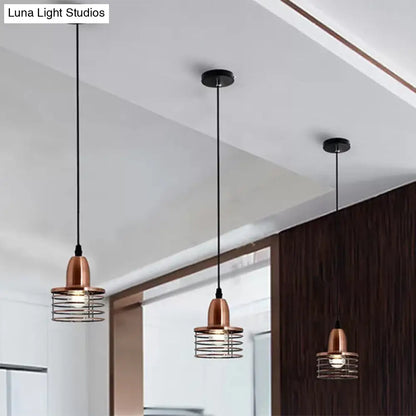 Industrial Retro Pendant Lighting: 1-Light Drum Pendant with Wire Cage Shade for Kitchen Ceiling, Black/Bronze Metal