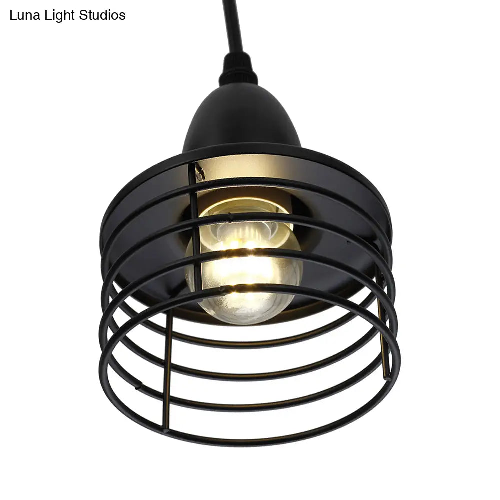 Industrial Retro Pendant Lighting: 1-Light Drum Pendant with Wire Cage Shade for Kitchen Ceiling, Black/Bronze Metal