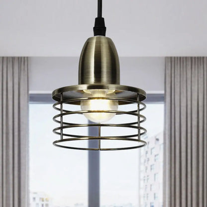 Industrial Retro Pendant Lighting: 1-Light Drum Pendant with Wire Cage Shade for Kitchen Ceiling, Black/Bronze Metal