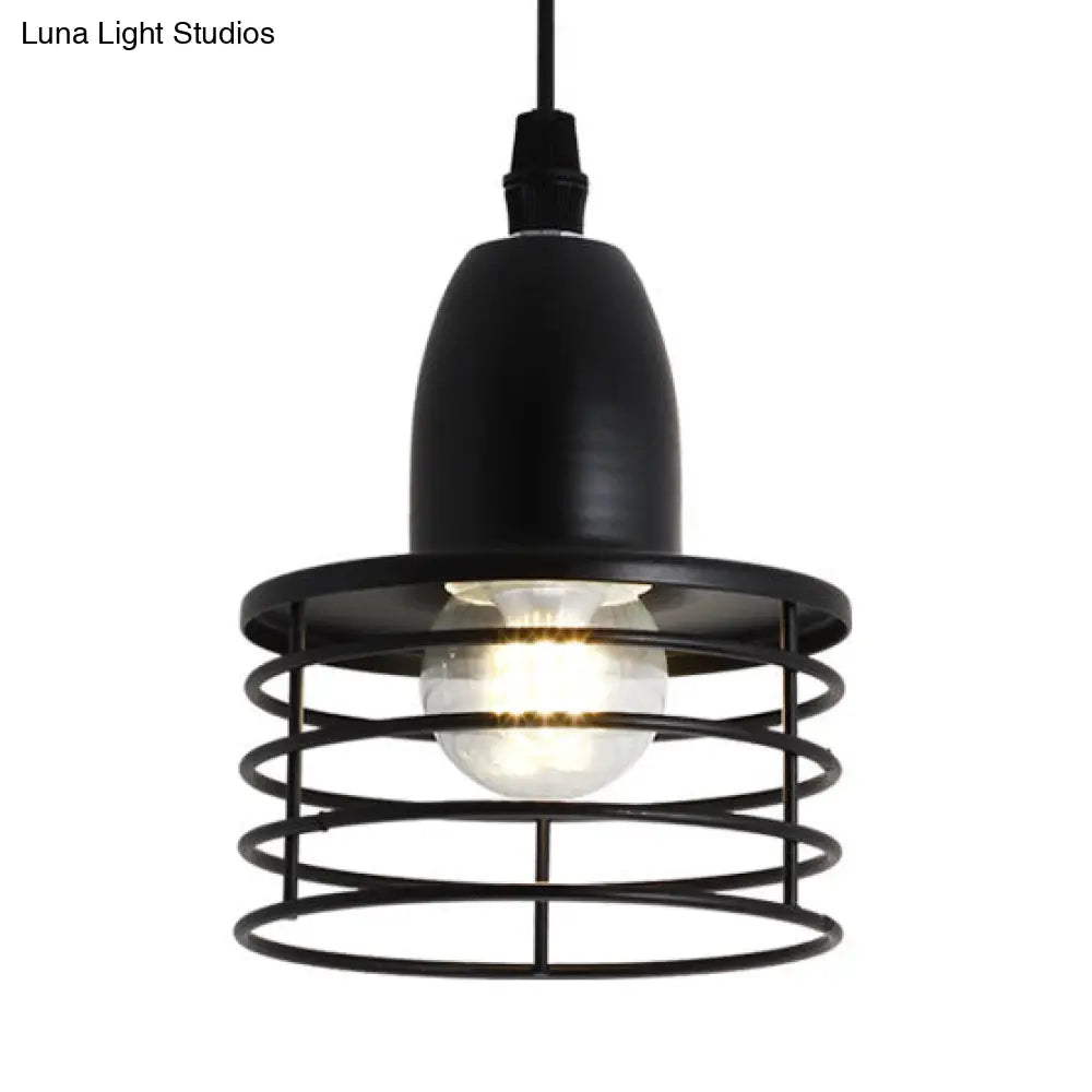 Industrial Retro Pendant Lighting: 1-Light Drum Pendant with Wire Cage Shade for Kitchen Ceiling, Black/Bronze Metal