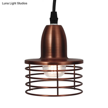 Industrial Retro Pendant Lighting: 1-Light Drum Pendant with Wire Cage Shade for Kitchen Ceiling, Black/Bronze Metal