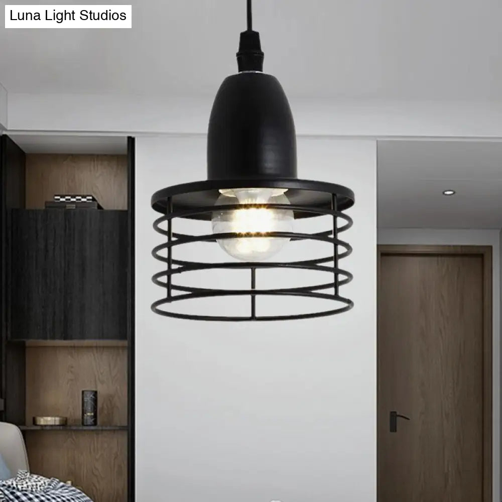 Industrial Retro Pendant Lighting: 1-Light Drum Pendant with Wire Cage Shade for Kitchen Ceiling, Black/Bronze Metal