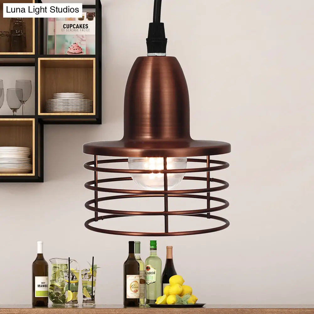 Industrial Retro Pendant Lighting: 1-Light Drum Pendant with Wire Cage Shade for Kitchen Ceiling, Black/Bronze Metal