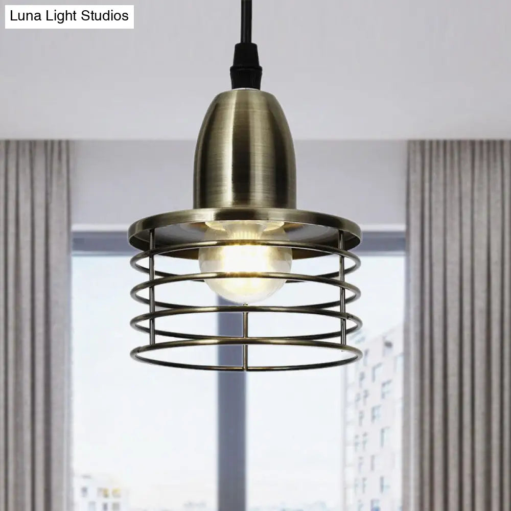 Industrial Retro Pendant Lighting: 1-Light Drum Pendant with Wire Cage Shade for Kitchen Ceiling, Black/Bronze Metal