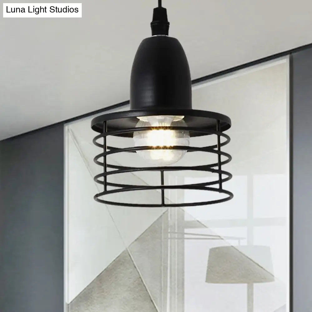 Industrial Retro Pendant Lighting: 1-Light Drum Pendant with Wire Cage Shade for Kitchen Ceiling, Black/Bronze Metal