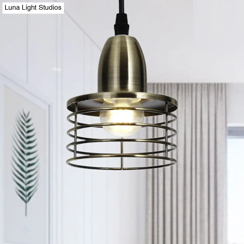 Industrial Retro Pendant Lighting: 1-Light Drum Pendant with Wire Cage Shade for Kitchen Ceiling, Black/Bronze Metal