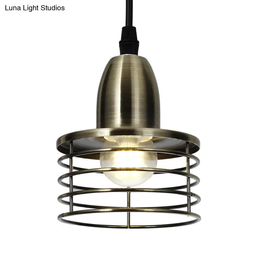 Industrial Retro Pendant Lighting: 1-Light Drum Pendant with Wire Cage Shade for Kitchen Ceiling, Black/Bronze Metal