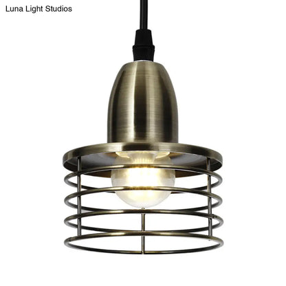 Industrial Retro Pendant Lighting: 1-Light Drum Pendant with Wire Cage Shade for Kitchen Ceiling, Black/Bronze Metal