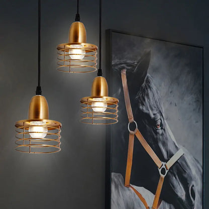 Industrial Retro Pendant Lighting: 1-Light Drum Pendant with Wire Cage Shade for Kitchen Ceiling, Black/Bronze Metal