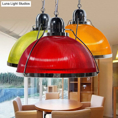 Industrial Ribbed Dome Pendant Lamp in White/Red/Yellow - Acrylic and Metal