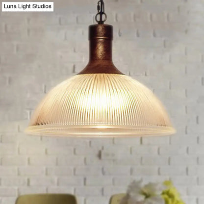 Industrial Ribbed Glass Dome Ceiling Light - Rust/Black Finish with 1 Light - Living Room Pendant Fixture