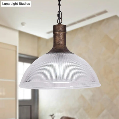 Industrial Ribbed Glass Dome Ceiling Light - Rust/Black Finish with 1 Light - Living Room Pendant Fixture