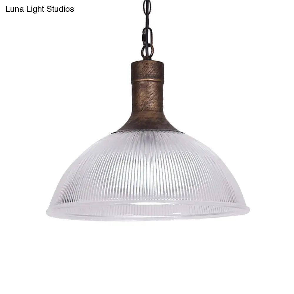 Industrial Ribbed Glass Dome Ceiling Light - Rust/Black Finish with 1 Light - Living Room Pendant Fixture