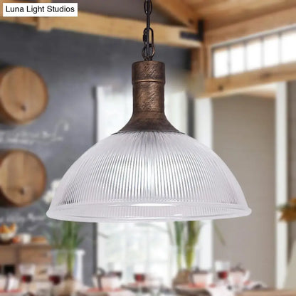 Industrial Ribbed Glass Dome Ceiling Light - Rust/Black Finish with 1 Light - Living Room Pendant Fixture