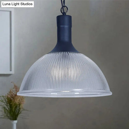 Industrial Ribbed Glass Dome Ceiling Light - Rust/Black Finish with 1 Light - Living Room Pendant Fixture