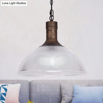 Industrial Ribbed Glass Dome Ceiling Light - Rust/Black Finish with 1 Light - Living Room Pendant Fixture