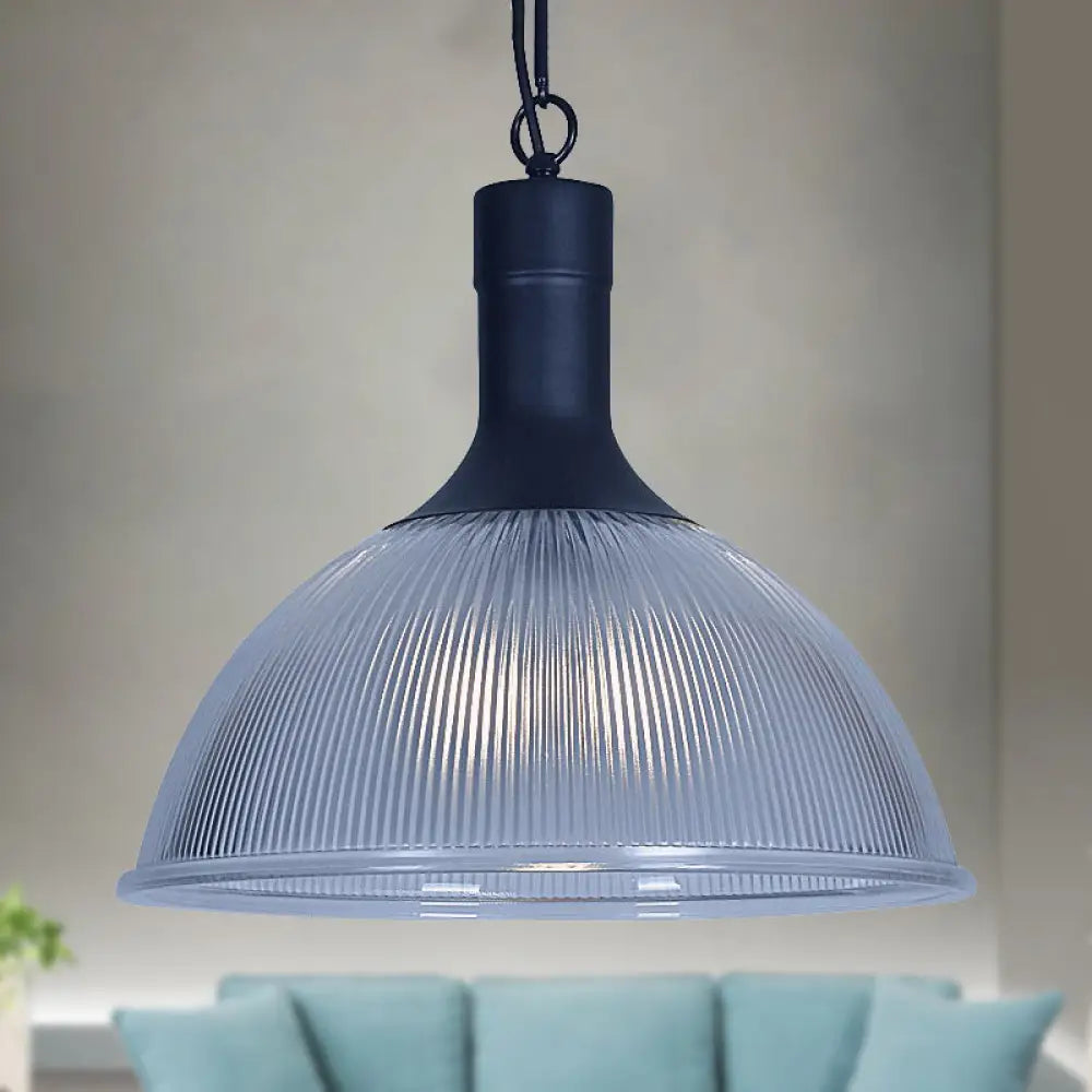 Industrial Ribbed Glass Dome Ceiling Light - Rust/Black Finish with 1 Light - Living Room Pendant Fixture