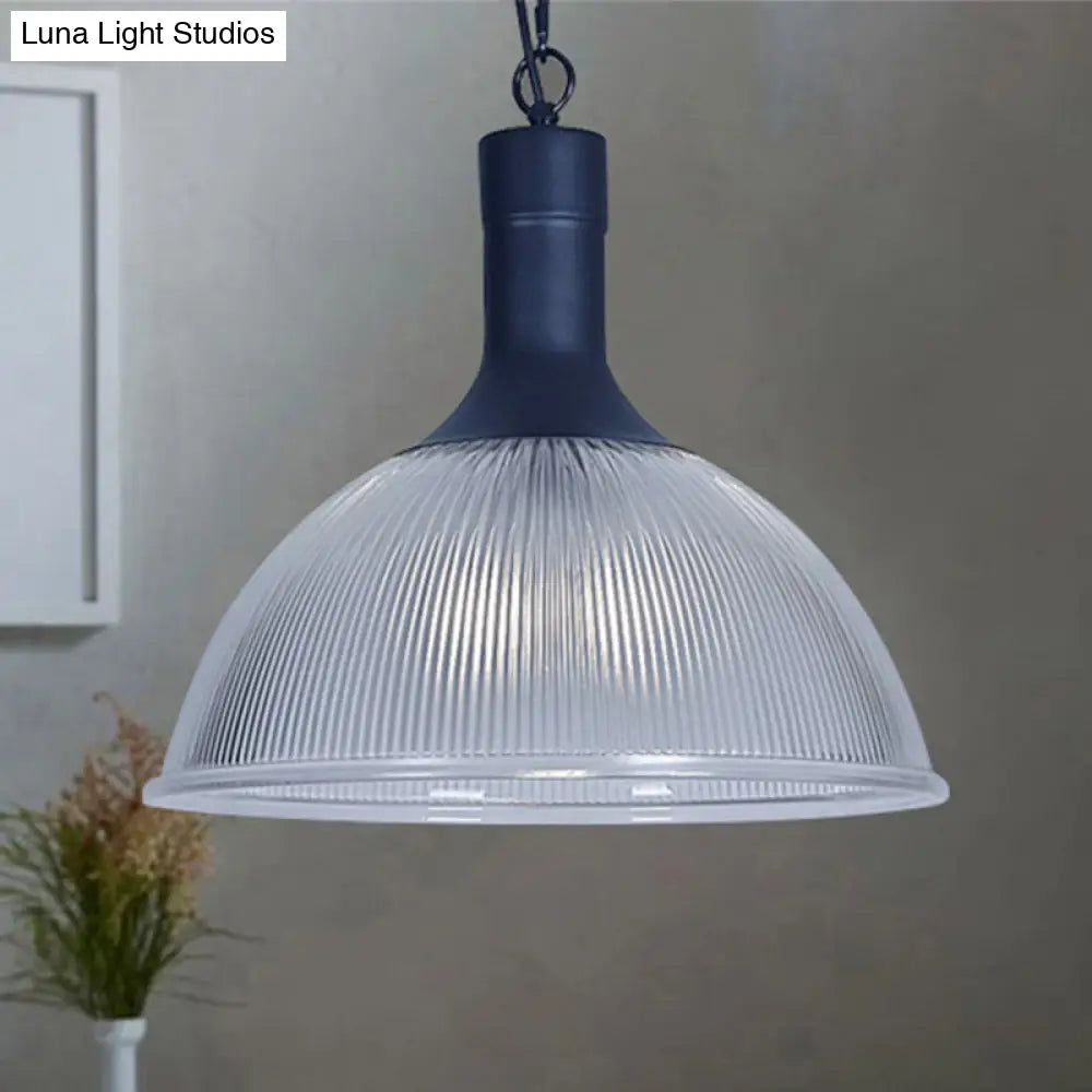 Industrial Ribbed Glass Dome Ceiling Light - Rust/Black Finish with 1 Light - Living Room Pendant Fixture