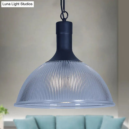 Industrial Ribbed Glass Dome Ceiling Light - Rust/Black Finish with 1 Light - Living Room Pendant Fixture