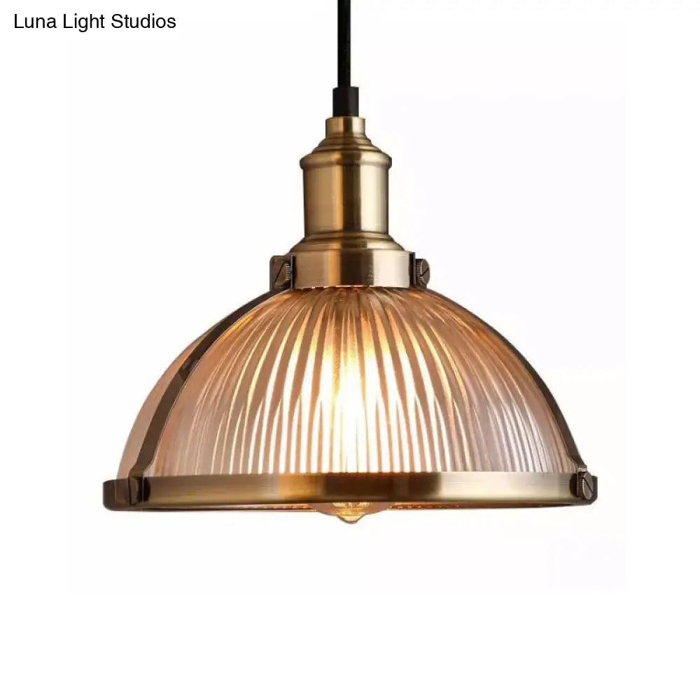 Industrial Ribbed Glass Dome Pendant Fixture - Antique Brass/Chrome