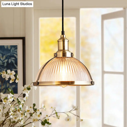 Industrial Ribbed Glass Dome Pendant Fixture - Antique Brass/Chrome