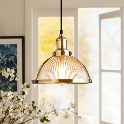 Industrial Ribbed Glass Dome Pendant Fixture - Antique Brass/Chrome