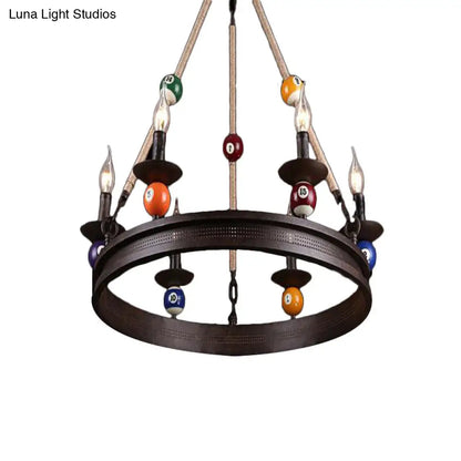 Industrial Ring Chandelier with Rustic Rope and Billiard Ball Deco - 6 Bulbs Metallic Pendant Light Fixture