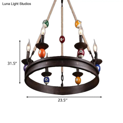 Industrial Ring Chandelier with Rustic Rope and Billiard Ball Deco - 6 Bulbs Metallic Pendant Light Fixture