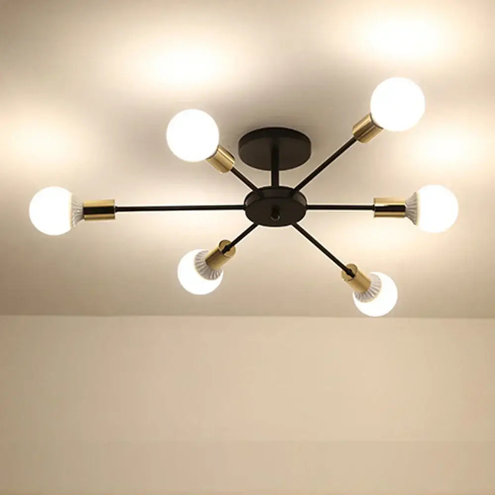 Modern black and brass six-arm ceiling lamp with spherical bulbs featuring decorbites industrial rod iron design