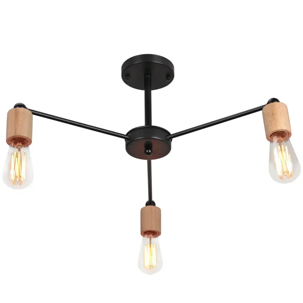 Black metal industrial rod iron ceiling lamp with three exposed filament bulbs in light wood caps for living room decorbites industrial rod