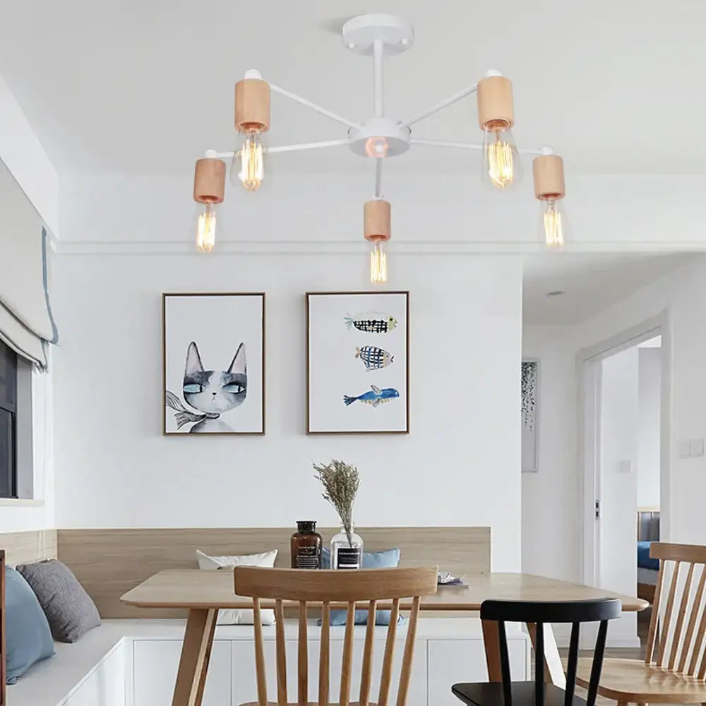 Modern white and light wood ceiling lamp with exposed filament bulbs decorbites industrial rod iron wood chandelier