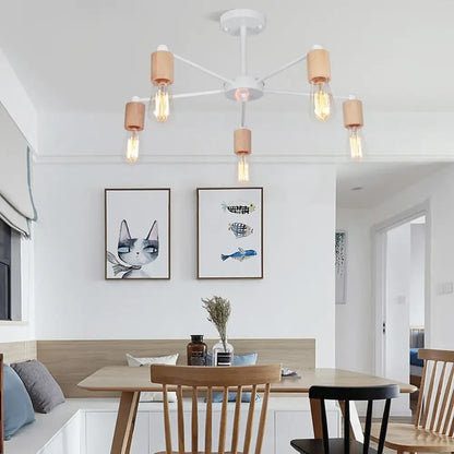 Modern white and light wood ceiling lamp with exposed filament bulbs decorbites industrial rod iron wood chandelier