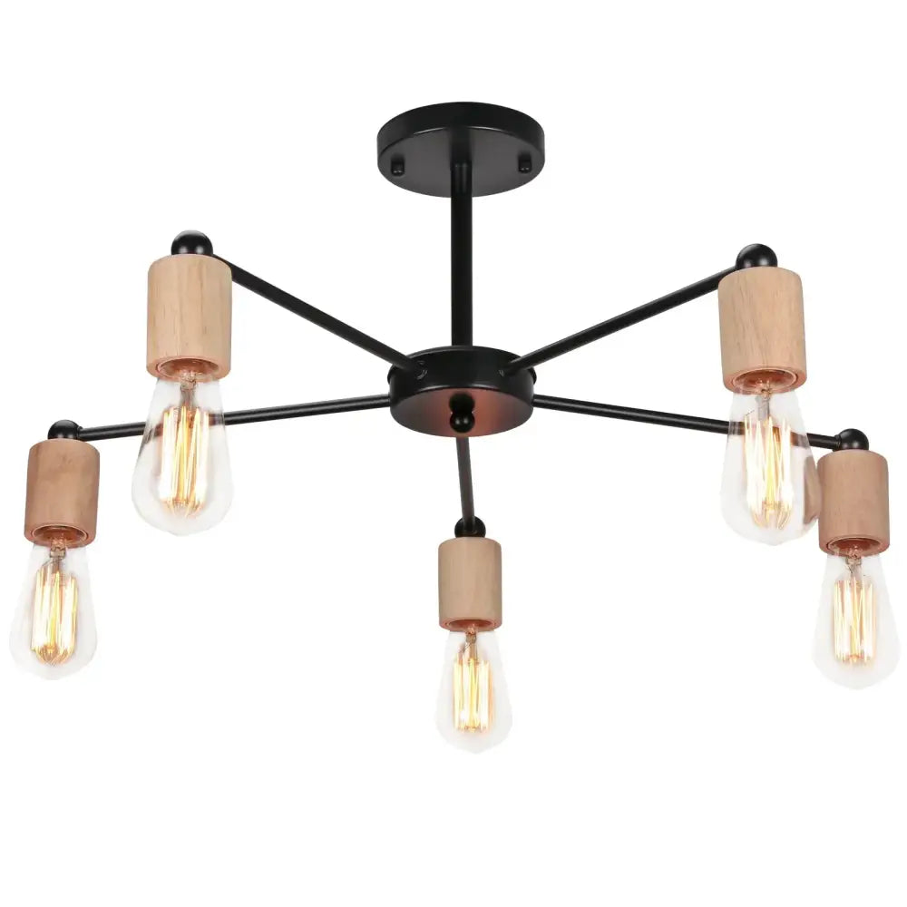 Black metal ceiling lamp with six filament bulbs and light wood shades for decorbites industrial rod iron chandelier