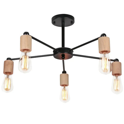 Black metal ceiling lamp with six filament bulbs and light wood shades for decorbites industrial rod iron chandelier