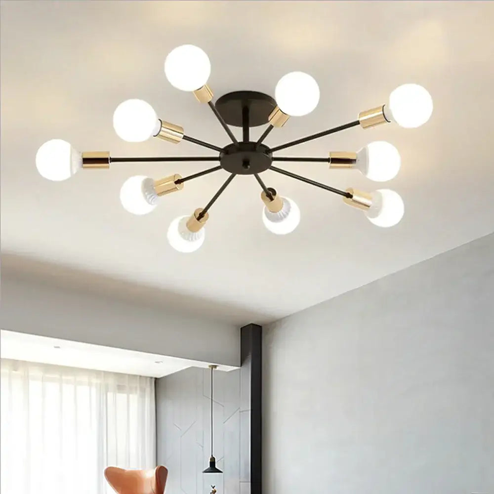 Modern black and gold starburst ceiling lamp with spherical bulbs in decorbites industrial rod iron wood chandelier style
