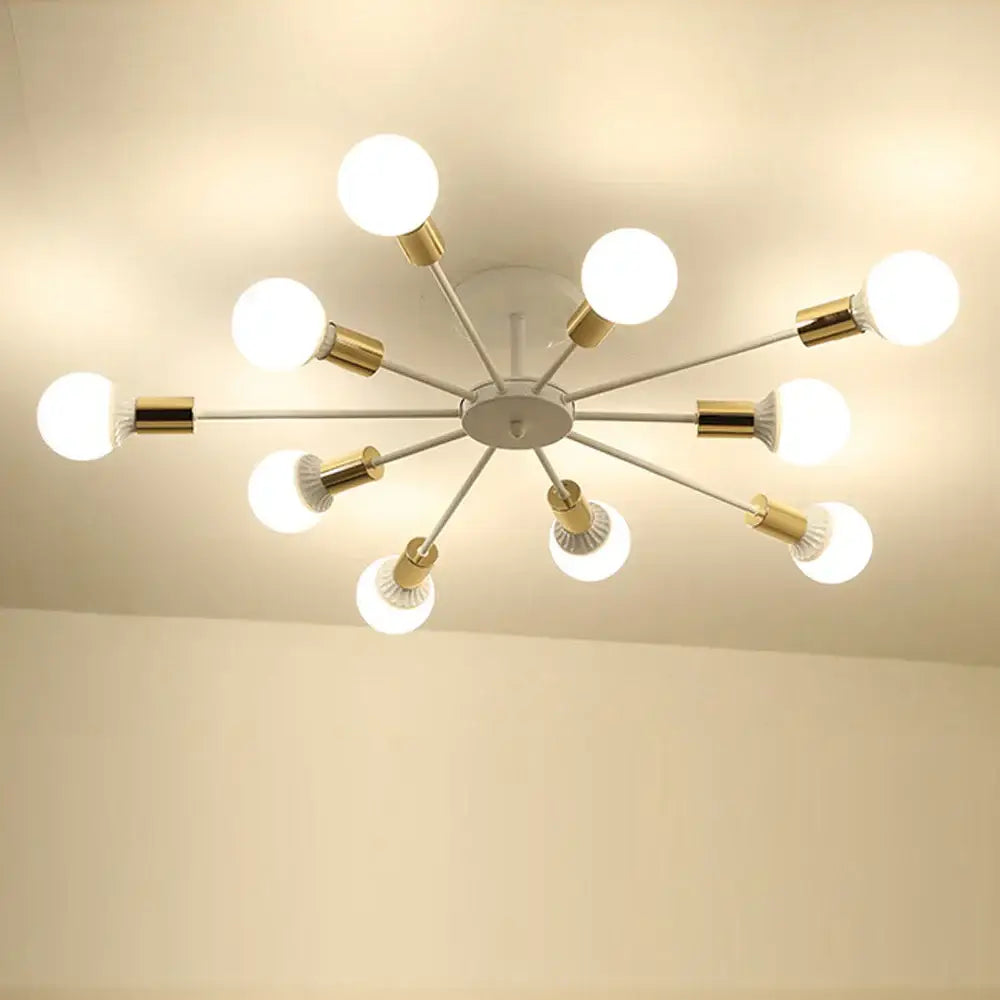Modern industrial rod iron ceiling lamp with white base, metallic arms, and frosted glass bulbs for living room decorbites