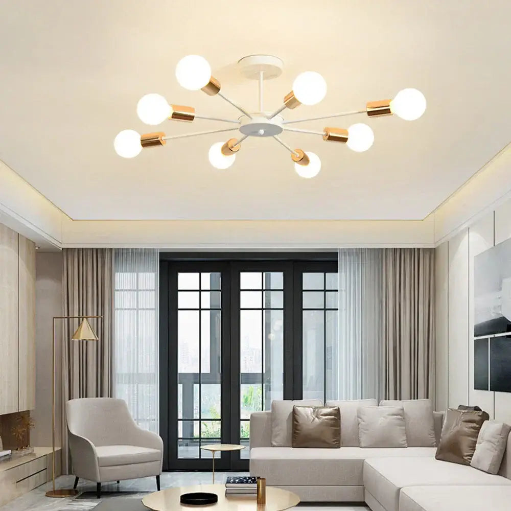 Modern white and gold ceiling lamp with spherical bulbs featuring decorbites industrial rod iron design for living room decor