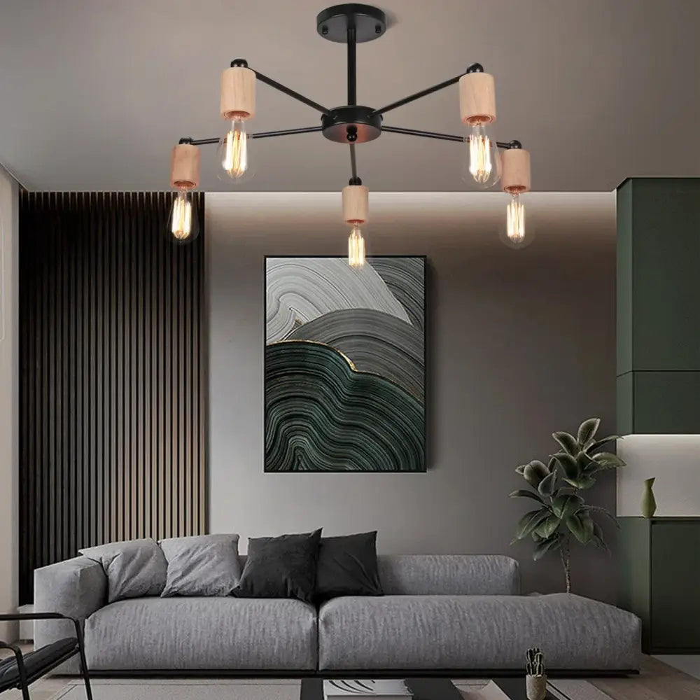 Black metal industrial rod iron ceiling lamp with five filament bulbs and beige cylindrical shades for living room decorbites industrial rod