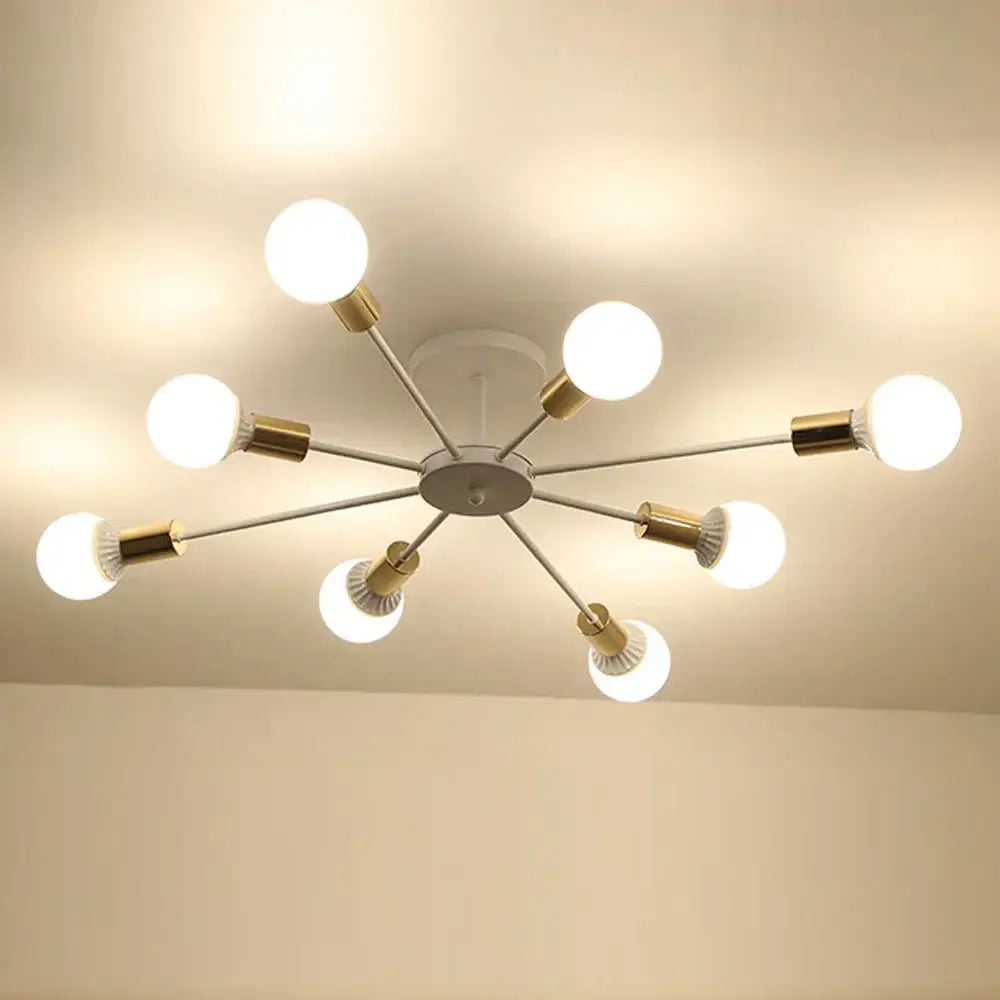 Modern ceiling lamp with brass capped frosted globes on slender industrial rod iron arms for living room decorbites industrial rod