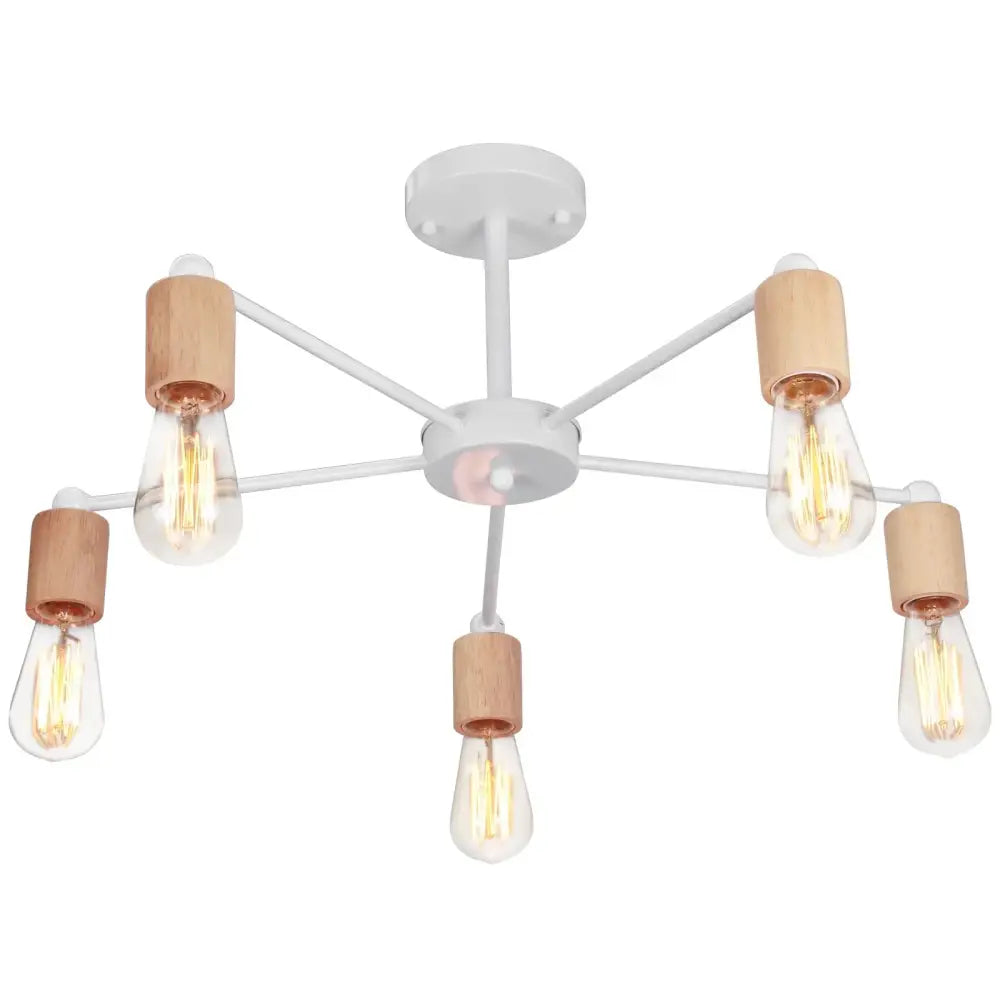White modern industrial rod iron ceiling lamp with five exposed filament bulbs in wood cylindrical holders for living room decorbites